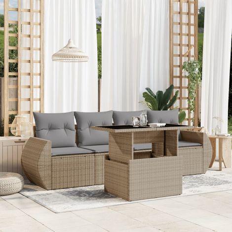 Salon de jardin 5 pièces beige en résine tressée avec coussins et table relevable - PANGIVO (1/5)