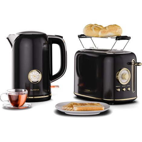 Klarstein Victoria Toaster Wasserkocher Set, Retro Design, 2 Scheiben Toaster mit 7 Bräunungsstufen & Brötchenaufsatz, 1,7L Wasserkocher mit Kalkfilter, Frühstücksset, Schwarz