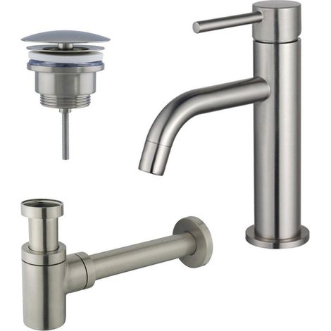Fortifura Calvi Slim Kit mitigeur lavabo - robinet bas - bonde non-obturable - siphon design bas - PVD Inox brossé