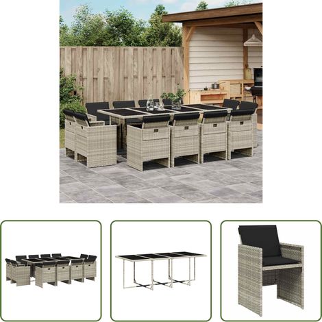 vidaXL Gartenstuhl - 13-tlg. Garten-Essgruppe mit Kissen Hellgrau Poly Rattan (1/5)