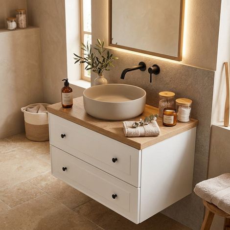 Meuble de salle de bain suspendu 60 × 46 cm avec plan de toilette blanc brillant Naturel Forli (1/5)