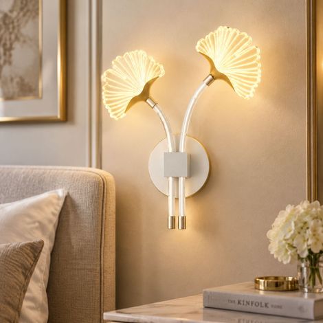 Lámpara de pared de espectro completo, con protección ocular, diseño en blanco y dorado para dormitorio, sala de estar y pasillo (luz cálida). (1/4)