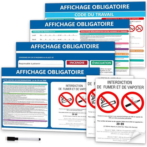 Pack de 7 Affichage Obligatoire Code du Travail Panneaux Autocollants Adhésif 4x 200x300mm Contenu Différent 2x Interdiction de Fumer 150x200mm Avec Stylo Effaçable Pour Entreprises et Restaurants (1/5)