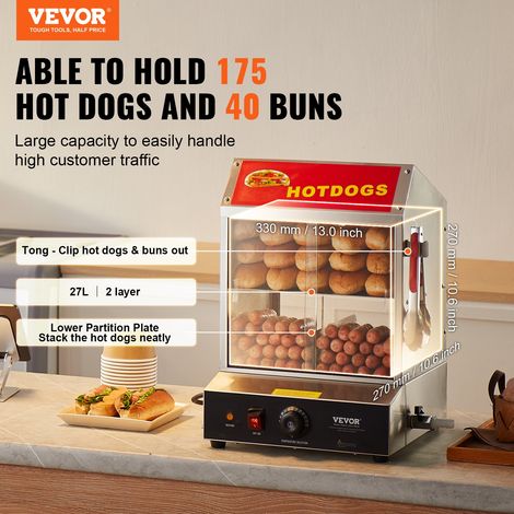 Cuiseur à vapeur Hot-Dogs, 27L, machine à vapeur Hot-Dogs à 2 niveaux, température 30° à 85°, chauffe-petits pains électrique avec porte coulissante en verre trempé, plaque de séparation, pince (1/5)