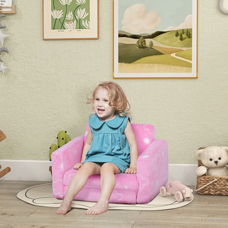 Canapé pliant rose pour enfants 2 en 1 rembourré en tissu lumineux avec coussin lavable et housse à motif nuage (1/4)