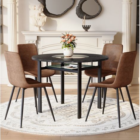 Set tavolo rotondo con 4 sedie, piano nero effetto legno, vetro centrale, tessuto marrone e metallo nero (1/5)