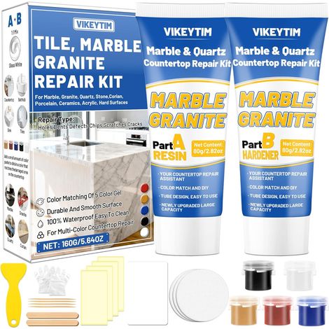 Kit de Réparation pour Marbre et Granit (Couleurs Assortie) 160g  Kit Reparation Carrelage pour Trous Fissures Défauts Éclats, Remplissage Reconstruction Marbre Céramique Pierre Surface Dure (1/5)