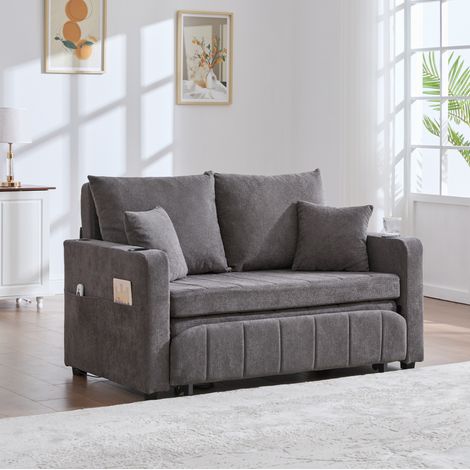 Schlafsofa 139x83x58 cm grau Chenille mit Bettfunktion, USB-Anschluss, Getränkehaltern und Seitentaschen (1/5)