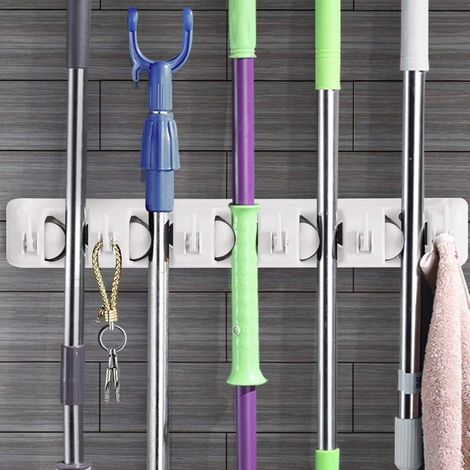 Soporte de pared para escobas con 5 ranuras y 6 ganchos / Estante de pared para escobas para baño, cocina o garaje - Gris claro, 40 cm (1/5)