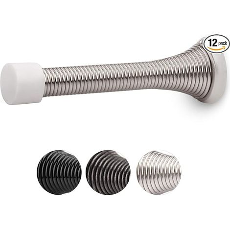 Butée de porte à ressort (lot de 12) avec amortisseur en caoutchouc, finition nickel satiné, ressort flexible 3-1/8", butée de porte murale robuste à montage bas. (1/5)