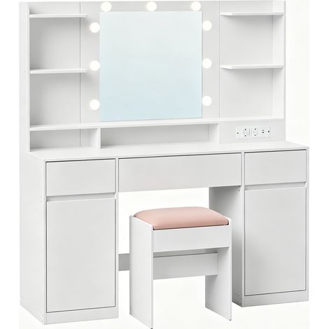 Coiffeuse avec miroir LED, tabouret, multiprise, 2 oplacards, 3 tiroirs, blanc