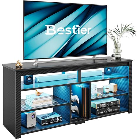 Meuble TV Haut pour téléviseurs 65 Pouces, Support TV avec Rangement pour PS5, Console TV LED avec étagère de Rangement réglable pour Salon, Fibre de Carbone Noire (1/5)