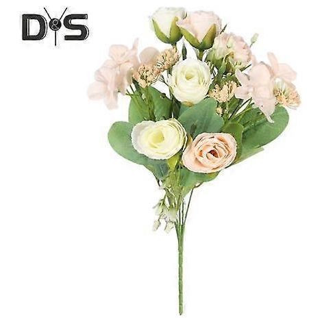 Bouquet exquis de fleurs artificielles à feuilles vertes, sans arrosage, avec roses simulées.Champagne (1/5)