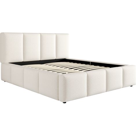 Cama matrimonial 160 x 200 cm en bouclé beige con somier de lamas y cabecero tapizado MODENUIT (1/5)