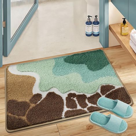 Alfombra de baño de felpa con temática playera, alfombra antideslizante con diseño de rocas costeras, poliéster suave y absorbente, lavable a máquina, 40 cm x 60 cm, verde. (1/5)