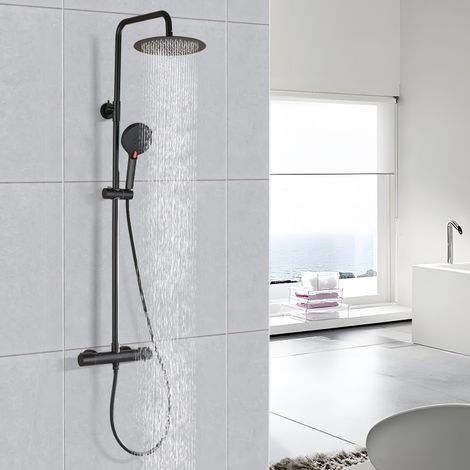 DETBOM Duschsäulen mit Thermostat Schwarz Duschsystem Höhenverstellbares Duschset mit Thermostatmischer für Badezimmer Thermostat-Duschsäule 3 Strahlarten Handbrause (1/5)