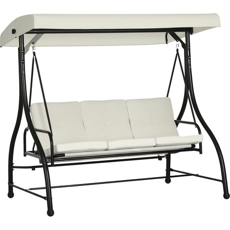 Outsunny 3 Seater Canopy Swing Chair Porch Hammock Bed Rocking Bench Cream White