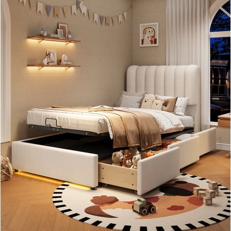 Kinderbett mit Bettkasten 90x200 cm, Gasdruckfeder, 3 Schubladen, LED, beiger Samt OKMYHOME (1/5)