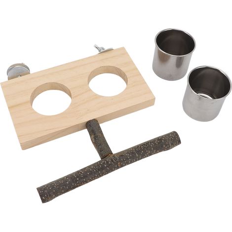 Mangeoire pour cage à oiseaux avec perchoir, gamelle en acier inoxydable et en bois pour perruches et calopsittes. (1/5)