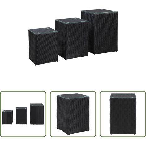 Table extérieure - Tables d'appoint 3 pcs et dessus en verre Noir Résine tressée (1/5)