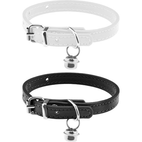 2pcs Collier de Chat avec Cloche en Cuir PU Colliers de Chaton Confortables pour 1523cm Taille de Cou Longueur Réglable Petits Animaux Fournitures 1cm de Largeur, Noir et Blanc (1/5)