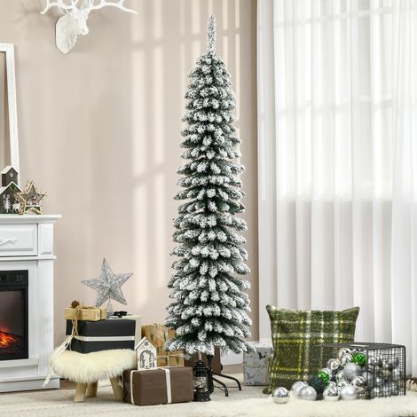 Árbol de Navidad artificial de 2,13 m (7 pies) con efecto nieve, árbol de Navidad delgado tipo lápiz con 490 ramas realistas, base de metal, color verde. (1/5)