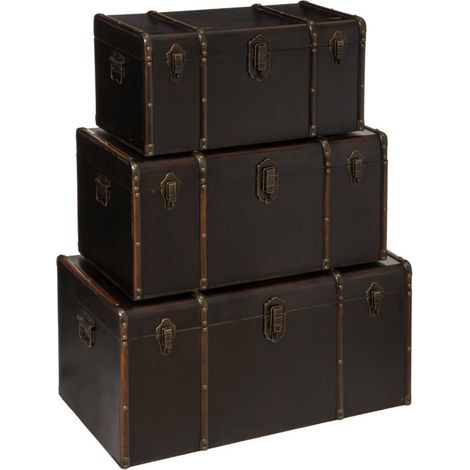Atmosphera – Lot de 3 malles de rangement vintage 80cm – MDF et polyester – Dimensions : 80 x 39,5 x 40 cm – Couleur marron (1/5)