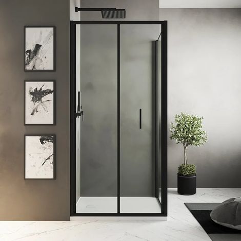 Box doccia slim 90x80cm con porta a libro e parete fissa profili nero opaco e vetro 6mm anticalcare trasparente h190 Portofino (1/5)