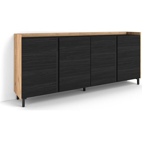 Skraut Home - Buffet salon et cuisine, Meuble de Rangement, Commode, 207x35x91cm, 4 Portes, Design industriel, Style moderne, Noir et chĂŞne (1/5)