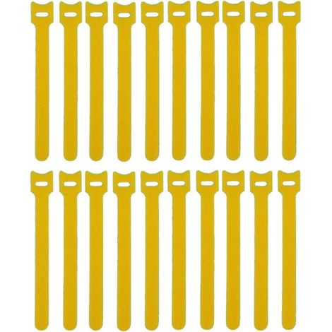 Paquete de 100 bridas amarillas reutilizables con cierre de velcro para la gestión y organización de cables.