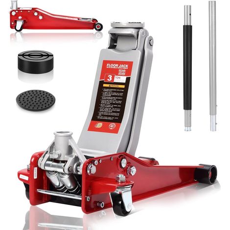 Gato Hidraulico para Coche 3t con Altura de Elevación 75-500 mm，Ruedas 360° ,Caballetes para Coches,Garaje y Taller de Coches(Rojo)