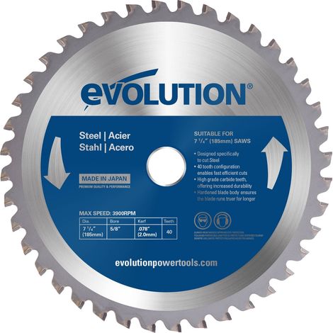 Evolution M185TCT-40CS - 185 mm Lama per taglio di acciaio dolce - Lama per metallo a 40 denti con punte in carburo che in pratica non genera surriscaldamento, ronzii o scintille