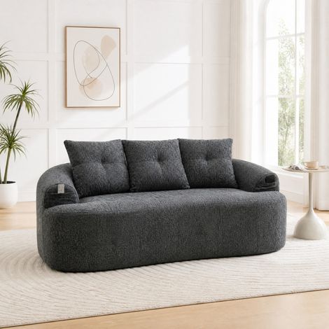 Canapé 2 places courbé en chenille grise, assise profonde, coussins moelleux, 164 x 92 x 60 cm (1/5)