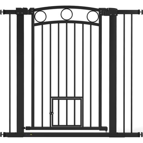 Barrière de sécurité ajustable 104x5x96 cm pour animaux et enfants, avec chatière. Pour escaliers/portes intérieures. Résistante noire (1/5)