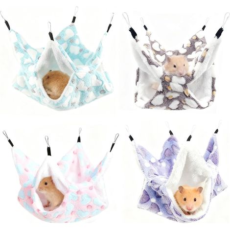 Lot de 4 Hamacs pour Petits Animaux, Hamac Double Couche en Peluche Douce pour Cochon d'Inde, Hamster, Rat, Chinchilla, Lit Suspendu avec Crochets Métalliques, Lavable en Machine, 29x29 cm (1/5)