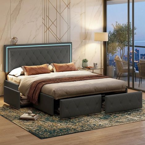 Lit capitonné 140x200cm avec éclairage led, lit double avec 4 tiroirs, cadre de lit avec sommier à lattes, gris pu lit adulte (1/5)
