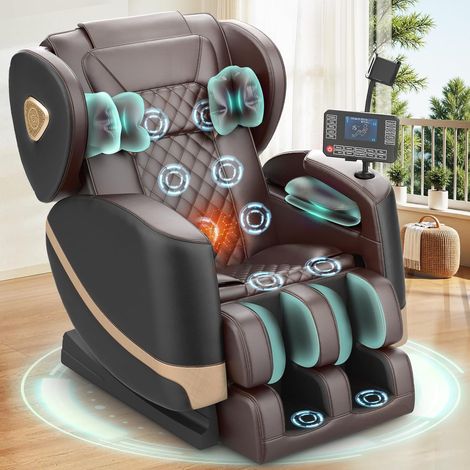 Fauteuil de massage avec 14 rouleaux, 8 coussins d'air et fonction zéro gravité – haut-parleur Bluetooth, écran tactile, support pour téléphone, chauffage lombaire et des jambes, noir et marron