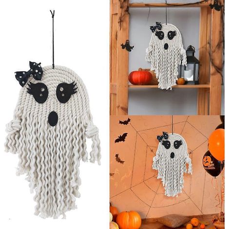 Pendentif tête de mort d'Halloween, ornement tissé à la main avec nœud papillon, pour arbre ou mur (1/4)