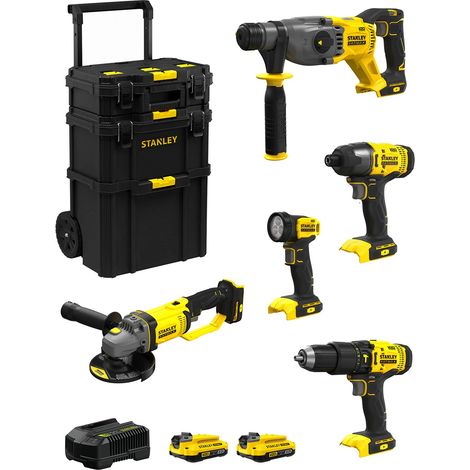 STANLEY FatMax Kit SVK500 (SFMCH900  + SFMCG400  + SFMCD711 + SFMCF800 + SFMCL020 + 2 x 2,0 Ah + Ladegerät + Caddy 3in1)