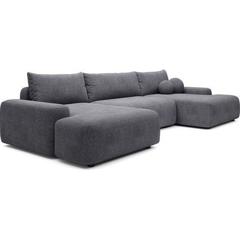 Grand canapé d'angle panoramique convertible en tissu texturé gris DAVISO