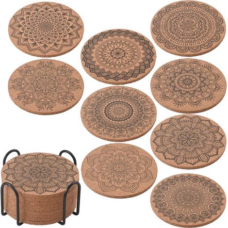 Lot de 8 Sous-Verre en Liège Réutilisables et Absorbants pour Boissons Froides ou Chaudes avec Support en Métal
