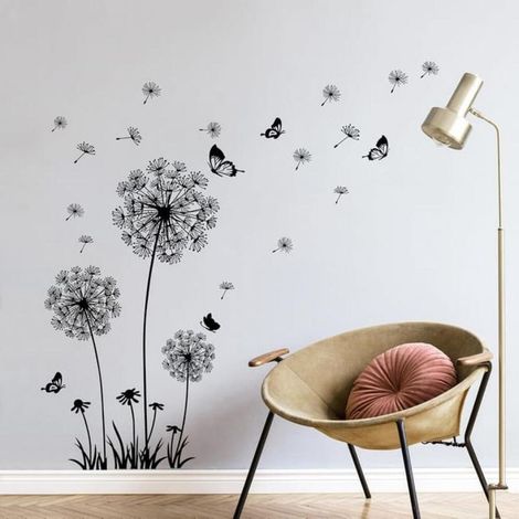 Autocollant mural pissenlit noir, autocollant mural papillon amovible pour salon, chambre, bureau, décoration murale (1/4)