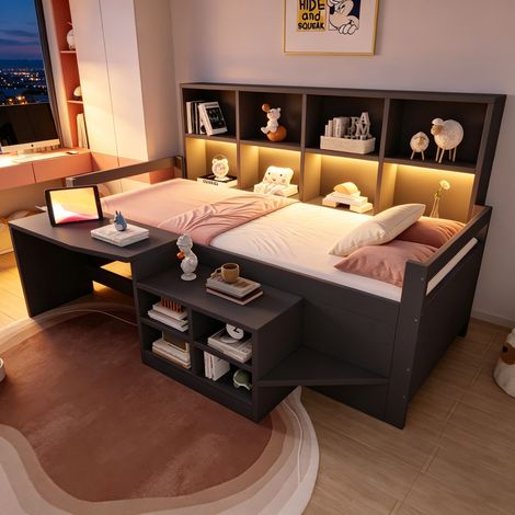 Lit simple enfant en bois 90x200cm avec bureau intégré,nombreux rangements, étagères,LED,2 ports USB et prise,pin et MDF- gris (1/5)