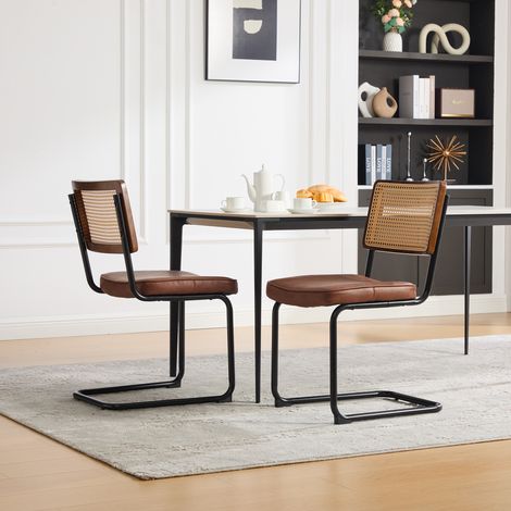 Chaise de salle à manger en rotin moderne, piètement métal noir, style vintage, dossier cannage synthétique, assise en cuir PU marron, pour cuisine, salon, chambre. (1/5)