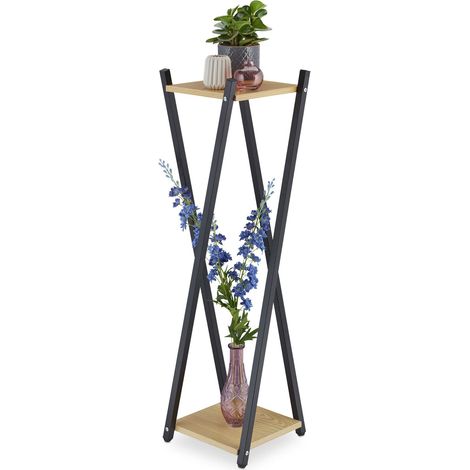 Étagère à Plantes, 2 Surfaces Effet Bois, Tabouret Moderne Fleur, 99x29x29 cm, Colonne, Noir-Brun Clair (1/5)