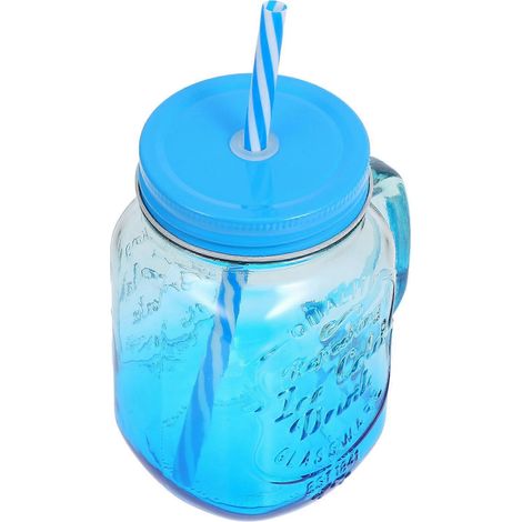Bocaux Mason de 500 ml avec couvercle et paille, bleus, parfaits pour les occasions spéciales (lot de 1). (1/5)
