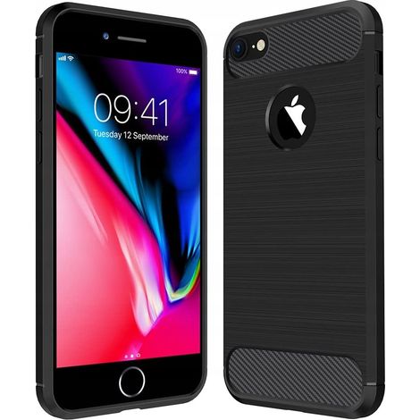 FUNDA PARA APPLE IPHONE 7 8 SE ARMOR CARBON, PARTE TRASERA NEGRA DE CARBONO + CRISTAL (1/5)