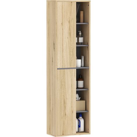 Colonne naturelle 40x24x141,5 cm avec compartiments ouverts et 2 portes, meuble de rangement design bois pour salle de bain et salon pratique