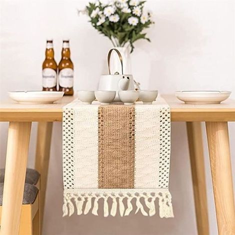 Beigefarbener Makramee-Tischläufer – Baumwolle – Vintage – Häkelarbeit – Für Tischdekoration im Boho-Stil – 30 x 180 cm