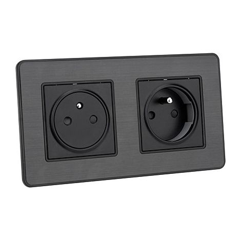 Prise double ZENITECH Kouro 2P+T 16A à éjection facilitée métal noir brossé